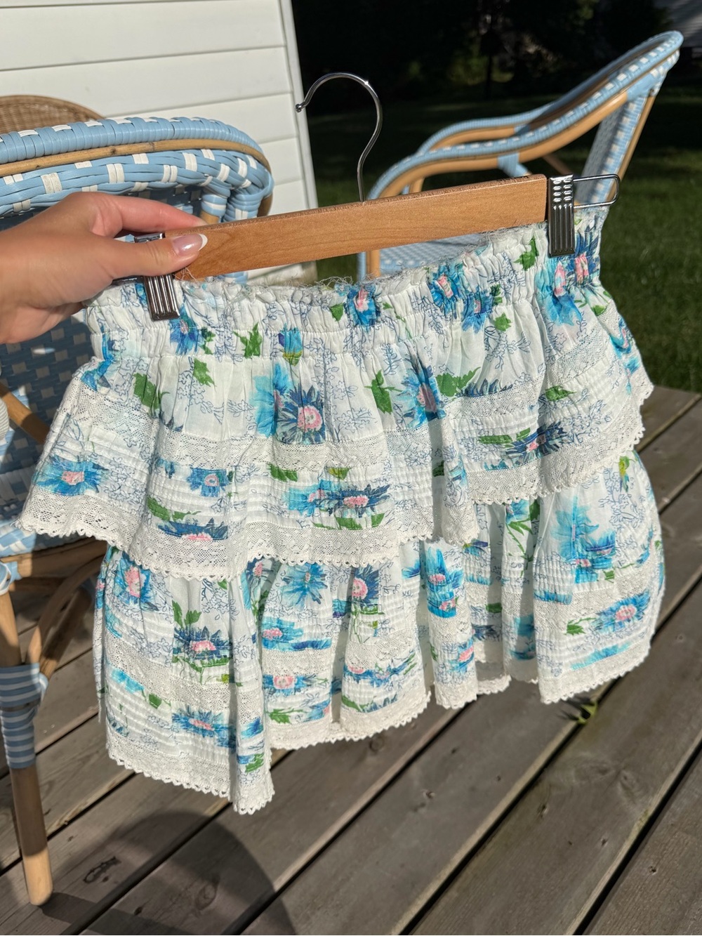 LoveShackFancy White & Blue Floral Tiered Mini Skirt 🦢